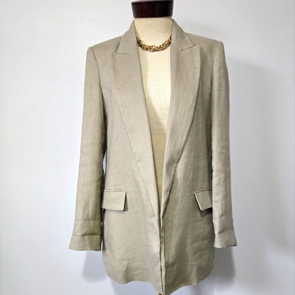 Zara 100% Linen relaxed Fit Open Front Sandy Beige Blazer. Size 6